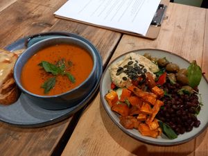 Tomato soup. Sweet potato & black bean salad at Grow Green Deli + Eatery in Huddersfield