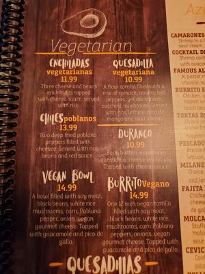 Menu showing the 2 vegan options. at Azul Tequila Authentic Mexican Cuisine in Seymour