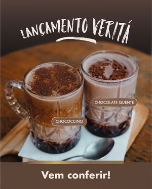 Chocolate quente e Chococcino sem adição de açúcar, feito com leite vegetal e chocolate Nugali Vegano. Adoçado com tâmaras   at Veritá in Porto Alegre