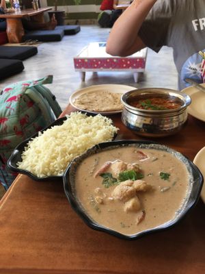 Kidney bean curry (forgot the name) and a really tasteless peanut stew (darker the better) at Millets of Mewar in Udaipur