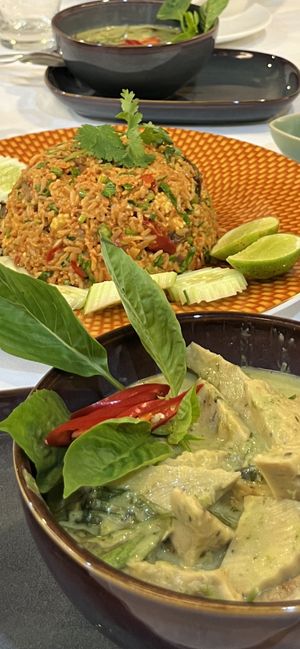 vegan green curry (no oil, gluten-free) and red rice curry (no oil, gluten-free)  at Infusion Thai Cooking Class in Koh Samui