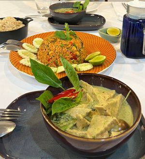rice curry and green curry / both vegan, gluten-free and with no oil… and super tasty  at Infusion Thai Cooking Class in Koh Samui