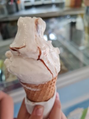 Ice cream with choc sauce (half eaten) at Kook in Newquay