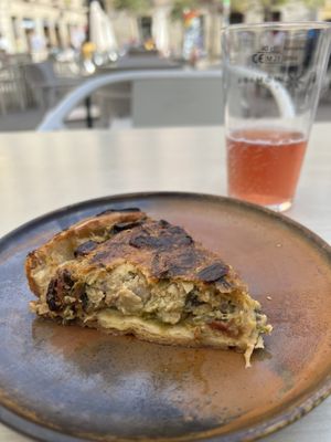 Quiche with leek, asparagus, and dried tomato  at Santa Vegana in Barcelona