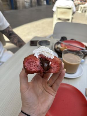 Red velvet “Nutella” donut  at Santa Vegana in Barcelona