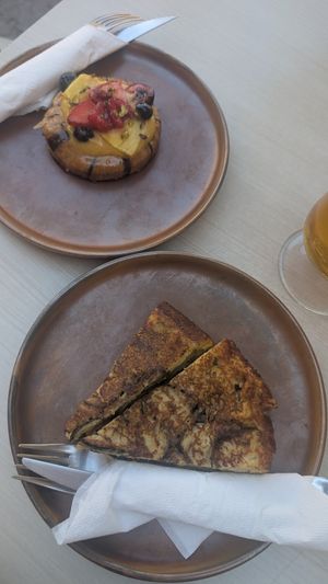 Tortilla and fruit pastry at Santa Vegana in Barcelona