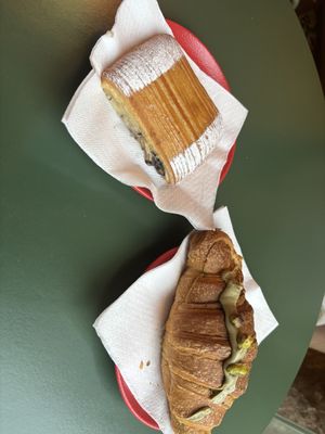 Chocolate and cream pastry and pistachio cream filled croissantt  at Santa Vegana in Barcelona
