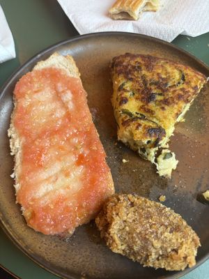 Courgette tortilla, vegetable croqueta and pan con tomate   at Santa Vegana in Barcelona