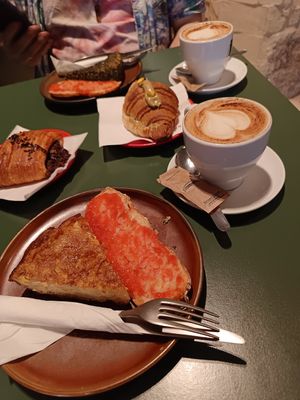 Tortilla, chocolate pain suisse and pistachio croissant at Santa Vegana in Barcelona