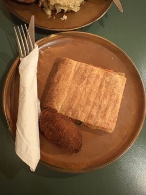 Empanada and croquette   at Santa Vegana in Barcelona