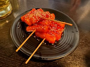 Tteok Bokki on a stick at Sura Korean BBQ & Tofu House in Long Beach