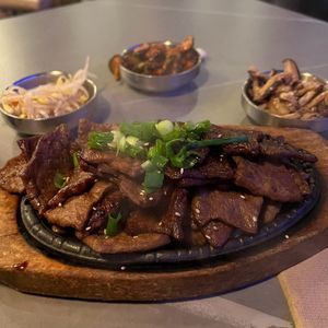 vegan bulgogi beef with rice and banchan😍  at Sura Korean BBQ & Tofu House in Long Beach
