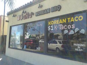vegan friendly on the window! :) at Sura Korean BBQ & Tofu House in Long Beach