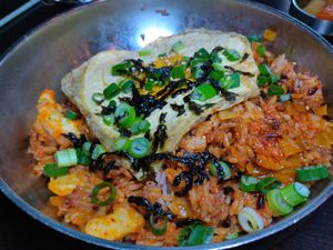 Kimchi fried rice with vegan shrimp and egg at Sura Korean BBQ & Tofu House in Long Beach