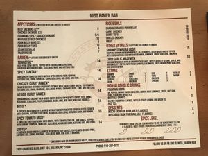 Miso Ramen Bar menu  at Miso Ramen Bar in Raleigh