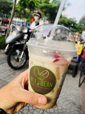 Macadamia nut milk with raspberry   at Nut & Bean House in Ho Chi Minh City