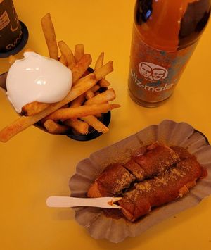 vegan Currywurst, fries with mayo and Fritz-lemonade at Curry Co in Dresden