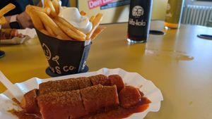 Vegan curry sausage + chips w/ vegan mayo at Curry Co in Dresden