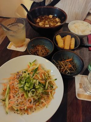glass noodle salad, fermented soy beans, veggies, potato sticks, rice, mapo tofu at 957 Ramen Bar in Marburg