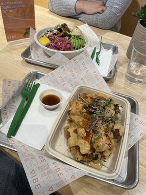 Chick’n & Waffles in the foreground, and I think a Mediterranean bowl in the background. Both were delicious    at Vibe Organic Kitchen & Juice in Costa Mesa