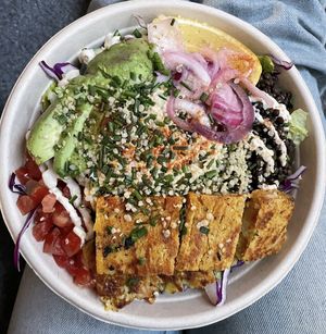 mediterranean bowl  at Vibe Organic Kitchen & Juice in Costa Mesa