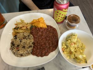 Mushroom rice, sautéed veggies, mashed pumpkin, red beans, and potato salad.   at Soca Vegan Kitchen in Augusta