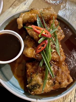 Crispy battered tempeh with sesame, chilli caramel and Thai basil. Best ordered as a shared plate - lovely flavours but too much sweetness for just one person to enjoy    at Ma Pa Me in South Brisbane
