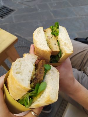 Sandwich with breaded seitan, hummus, cabbage, salad and vegan cheese. The other with almost the same things but with tofu with shiitake mushrooms instead of the seitan. at Vegan Come Koala in Pisa