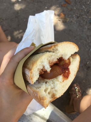 Tofu dog with delicious warm bread, sauerkraut, ketchup, vegan cheese  at Vegan Come Koala in Pisa