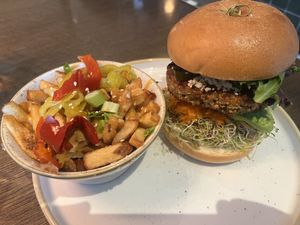 Cali burger with dragon fries- HUGE portion!💚  at Fresh on Danforth in Toronto
