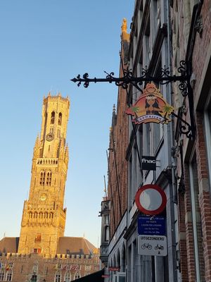 View at belfry from terrace at Hawaiian Poke Bowl in Bruges