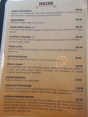 Menu main dishes at Calcutta Port in Dover