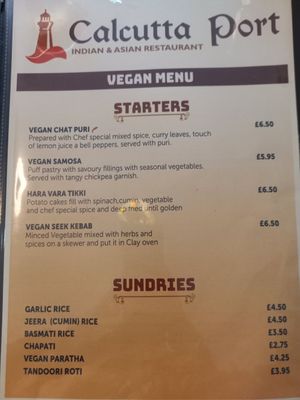Menu starters at Calcutta Port in Dover