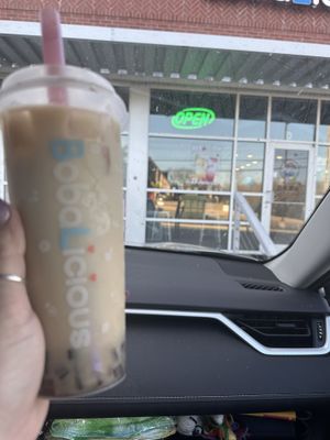 Green tea with oat milk and coffee jelliess  at Bobalicious in North Little Rock