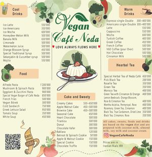 The menu of Café at Neda Vegan Cafe in Tehran
