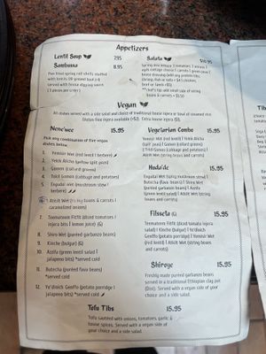Vegan menu  at Meskie's Ethiopia Restaurant in Berkeley
