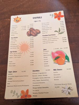 Drinks menu at Dancing Cup in Kampala