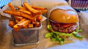 Vegan burger with "florian" patty and sweet potato fries 🌱 🍔 at Bobby Burger in Sopot