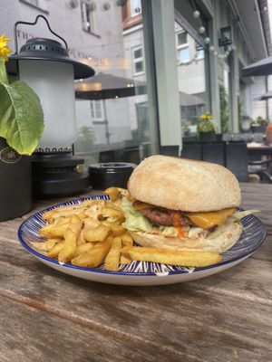 Burger with fries and a sauce of choice   at Sonderling in Bielefeld