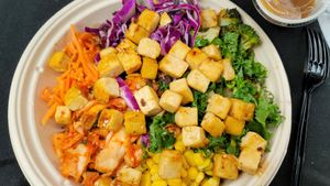 Tofu and veggies over noodles at BIBIBOP in Indianapolis