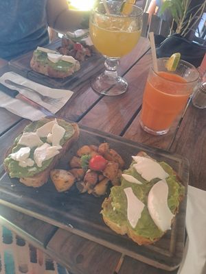 Frühstück: Avocado Toast mit veganem Käse und genial gewürzten Kartoffeln, man hat die Option zwischen Kartoffeln, Salat und Früchten zu wählen. Dazu frisch gepresster Saft. at Café Mogagua in Isla Mujeres