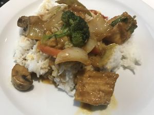 Peanut lovers stir fried tofu with rice  at Blue Elephant in Auckland