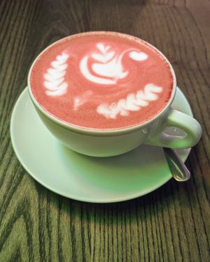 Beetroot latte with oat milk at Briós in Budapest