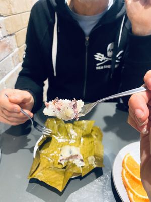 Sticky rice with banana and black bean, wrapped in banana leaf. Amazing!   at Siwa Lee in East Gosford