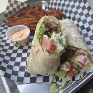 “Buffalo” Chicken Wrap (with vegan chicken and sweet potato fries, does not contain buffalo sauce)  at The Kilt and Clover in St Catharines