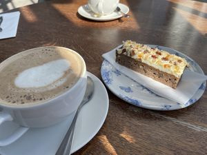 Hummingbird cake and soya lattee  at Beckworth Emporium in Northampton