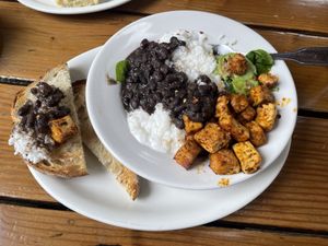 Coco Rice & Jazz (blackened tofu, black beans, coconut rice, spinach, avocado, sourdough toast)  at Tin Shed Garden Cafe in Portland