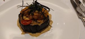 Melanzana, hummus con olive, ratatouille, pesto at Hotel Schwarzschmied in Lana