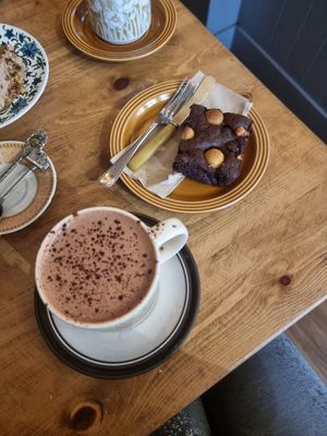 Marzipan, cherry brownie and dark hot chocolate at Number Thirteen in Knaresborough