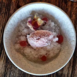 pepperberry poached rhubarb, wattle blossom granita at Stillwater in Launceston